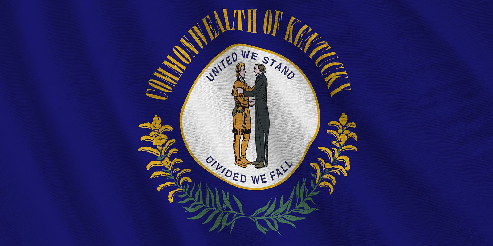 Kentucky US state flag with big folds waving close up under the studio light indoors. The official symbols and colors in banner