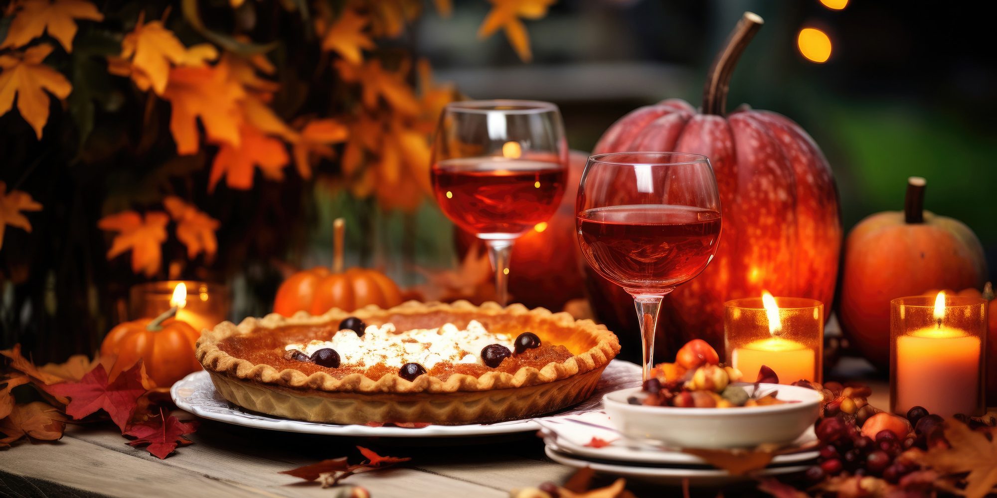 Elegant beautiful dinner table setting with pumpkins and candles for thanksgiving celebration